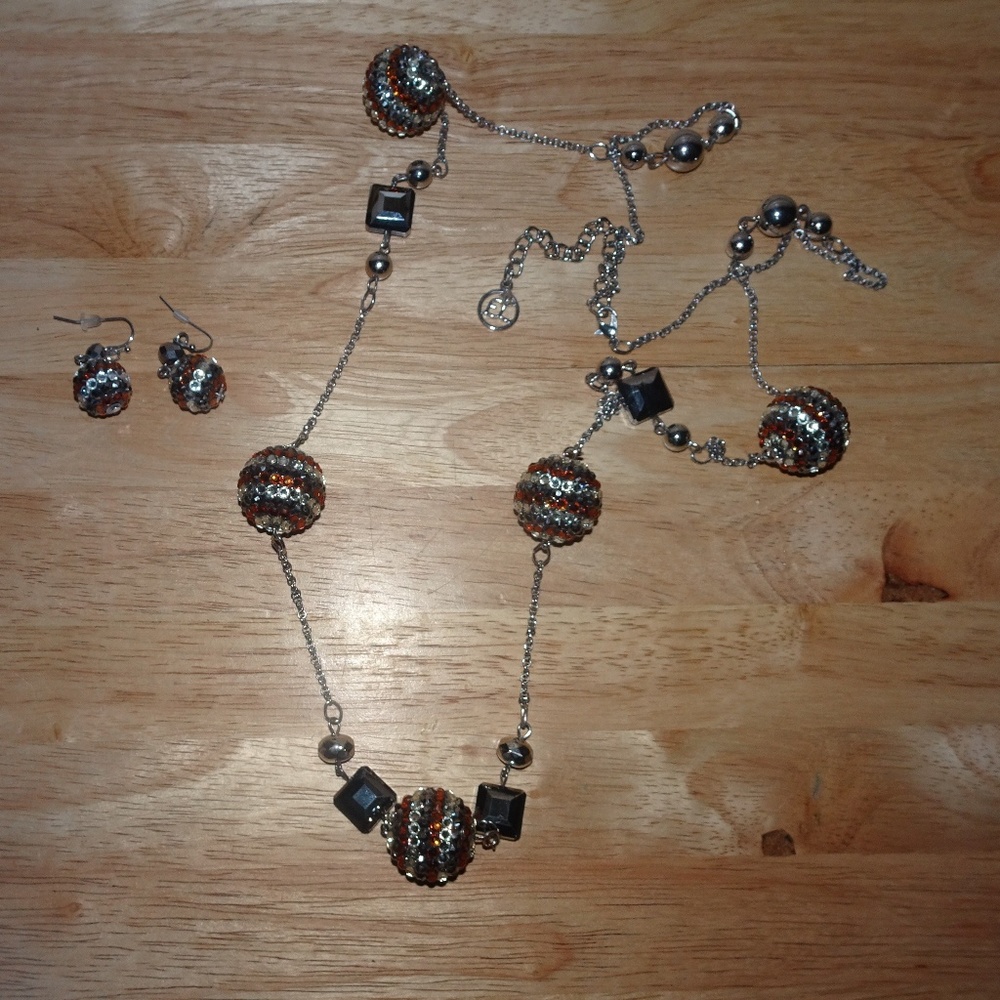 Disco Ball Silver Amber Beaded Necklace & Earrings